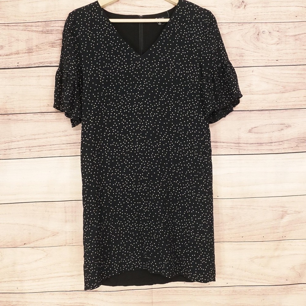 Madewell Dress Womens 00 Black Polka Dot Shift V Neck Flutter Sleeve Lined